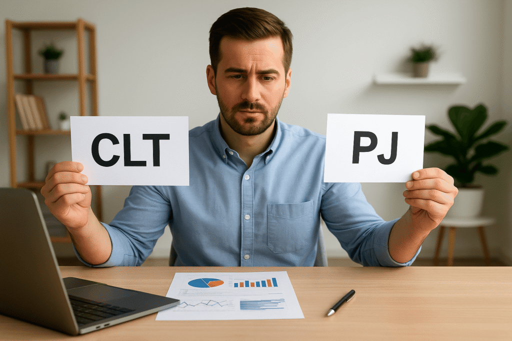 Empresário analisando planilhas e gráficos para decidir entre contratação PJ e CLT